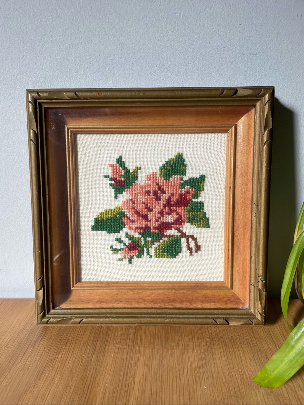 Vintage Framed Rose Cross Stitch Wall Art 7”x7” Cottagecore Grandmillennial